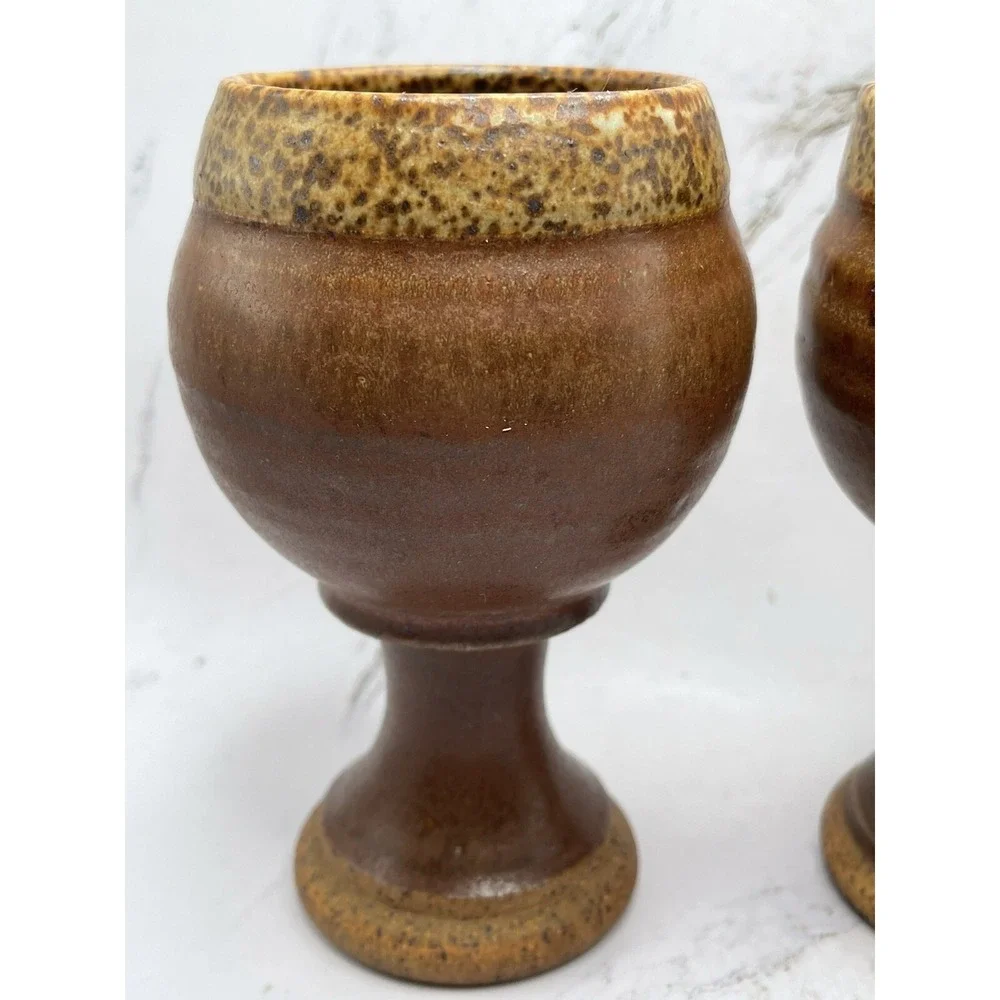 2 Vintage Art Pottery Goblet Chalice Wine Glass Stoneware Speckled Glaze 5.25